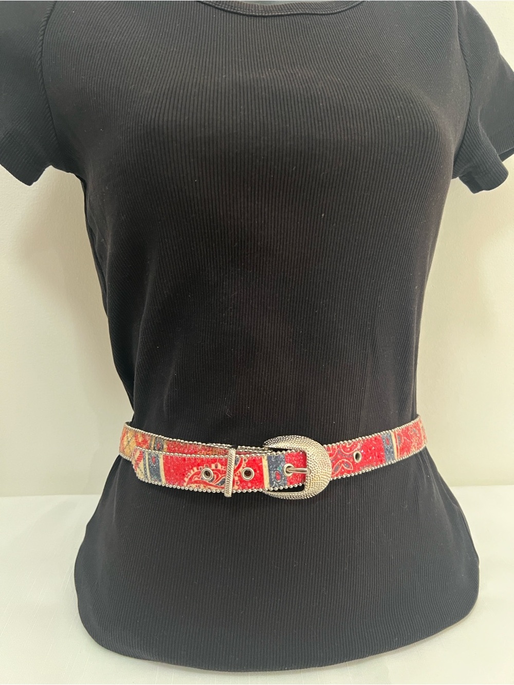 Red Blue Silver Vintage Crystal Slim Belt Western Buckle
